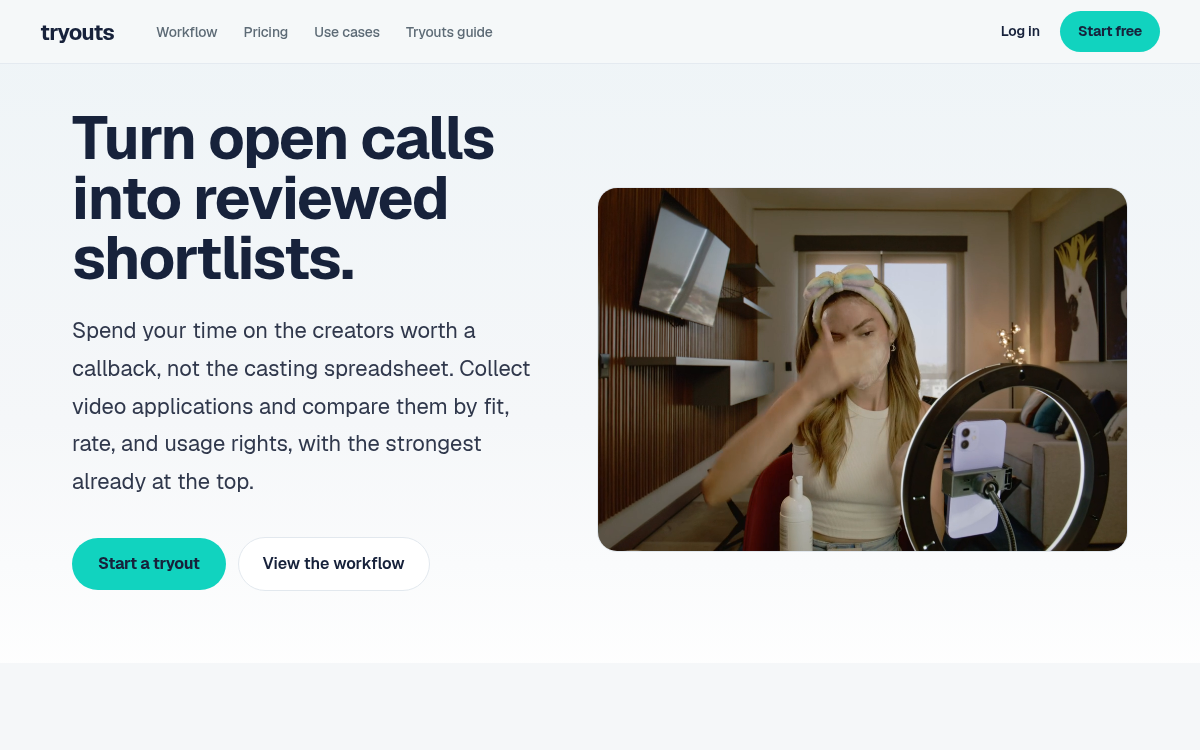 Tryouts, SaaS: Video-first creator casting for UGC teams, agencies, and founder-led brands. Post a brief, collect auditions, and review AI-ranked shortlists.